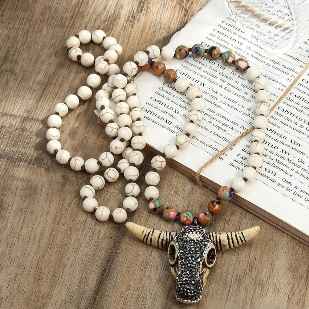 Bohemian Beaded Necklace with Bull Pendant